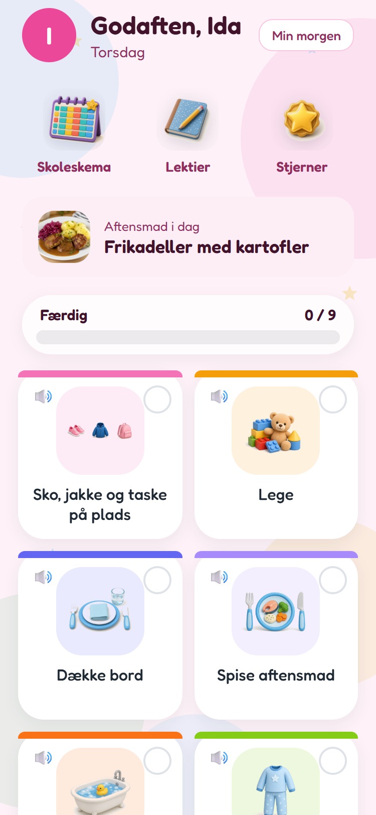 Skærmbillede fra appen: Idas pink tavle med hilsenen Godaften, Ida, bjælken Færdig 0 / 10 og store piktogram-fliser med billeder af dagens opgaver