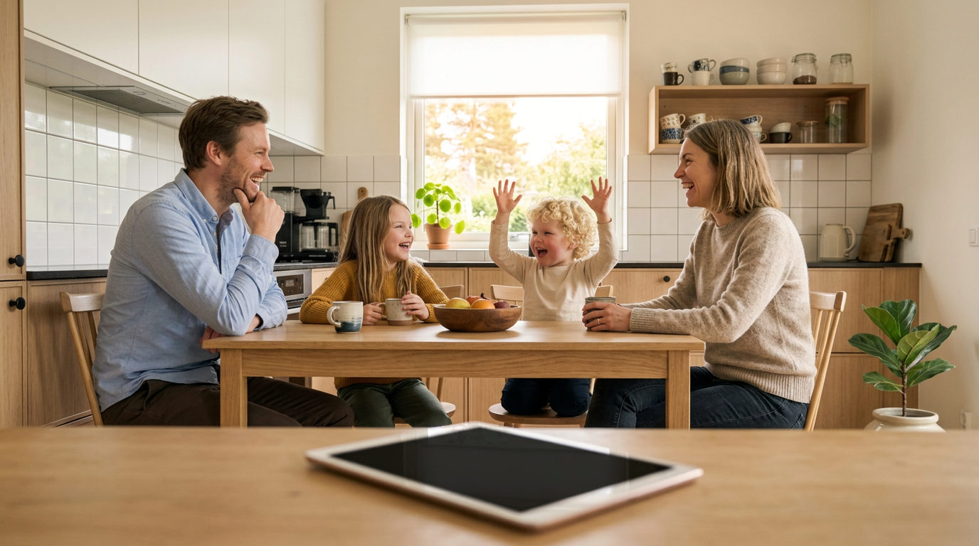 En familie sidder og griner sammen omkring køkkenbordet. En tablet ligger slukket og ude af fokus forrest i billedet