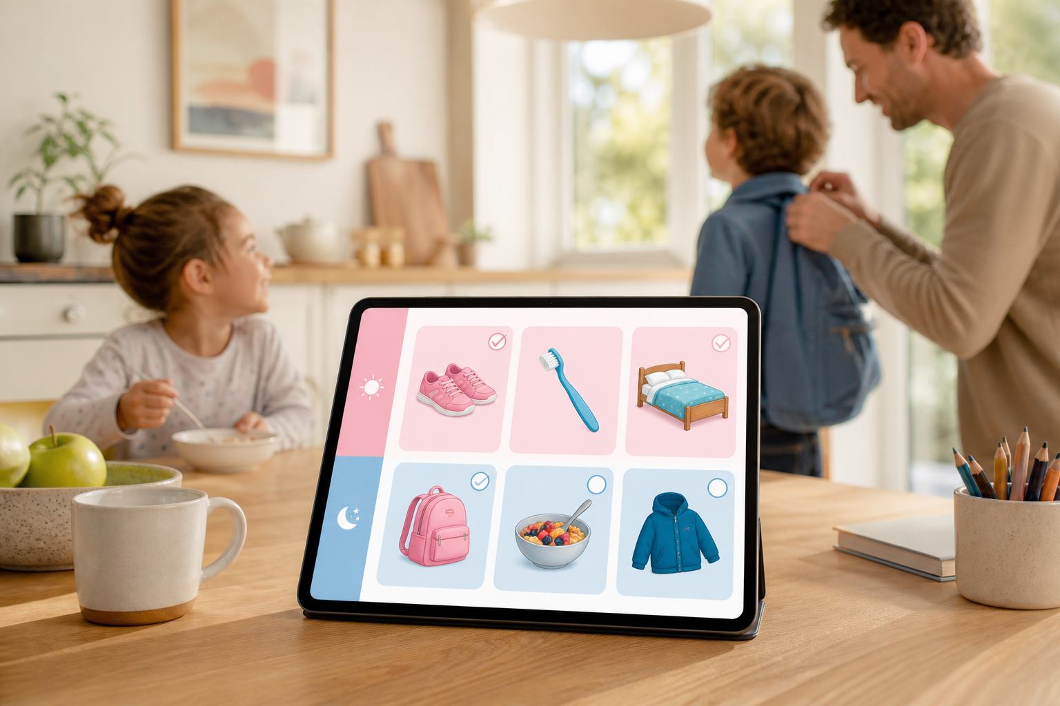 Familie samlet om PiktoFamily på en tablet i hjemmet